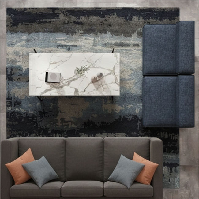 overhead view of a living room with a large rug