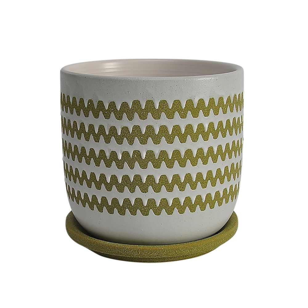 Picture of Zig-Zag 6" Ceramic Planter with Saucer - Olive