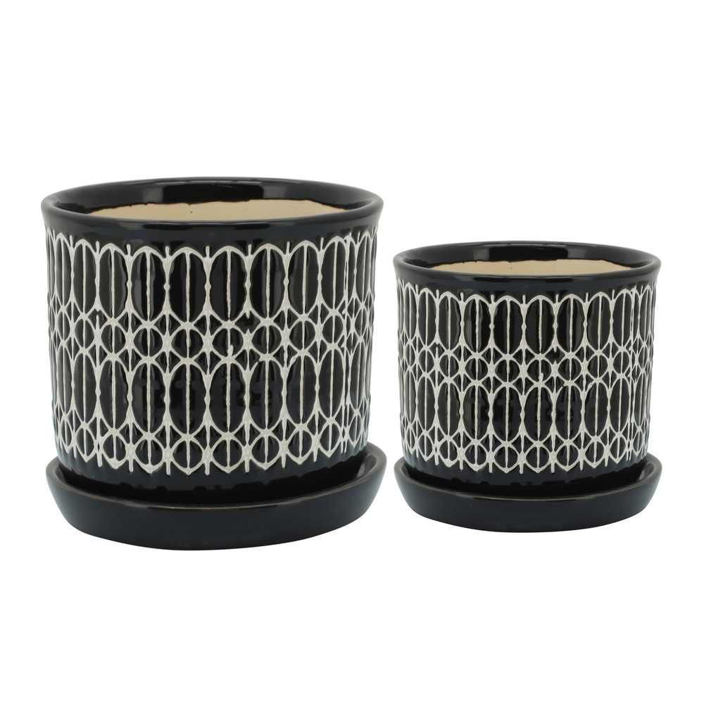 Picture of Tribal 6" and 8" Planter with Saucer - Set of 2 - Black