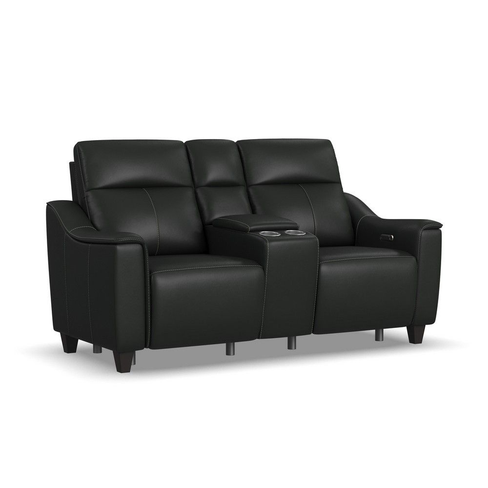 Picture of Walter Leather Power Reclining Console Loveseat with Power Headrests - Black