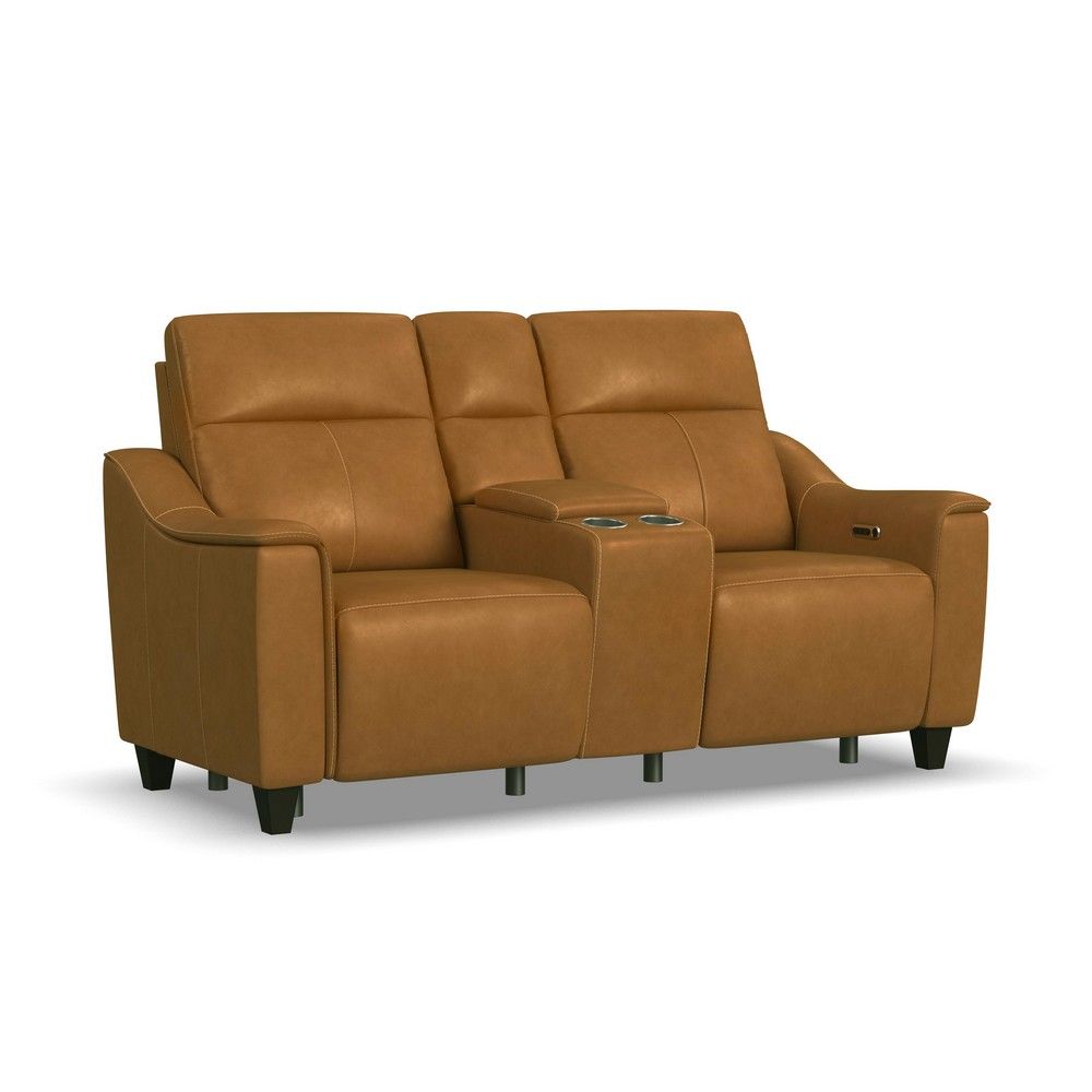 Picture of Walter Leather Power Reclining Console Loveseat with Power Headrests - Nutmeg