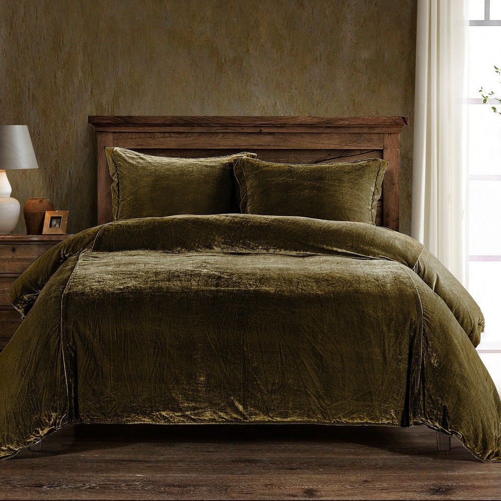 Picture of Stella 3-Piece Faux Silk Velvet Duvet Cover Set - Green Ochre - Super Queen