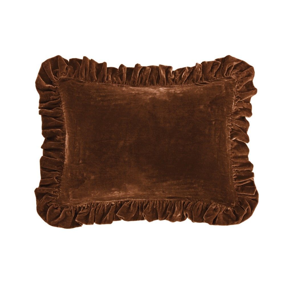 Picture of Stella Faux Silk Velvet Ruffled Oblong Pillow - Copper Brown