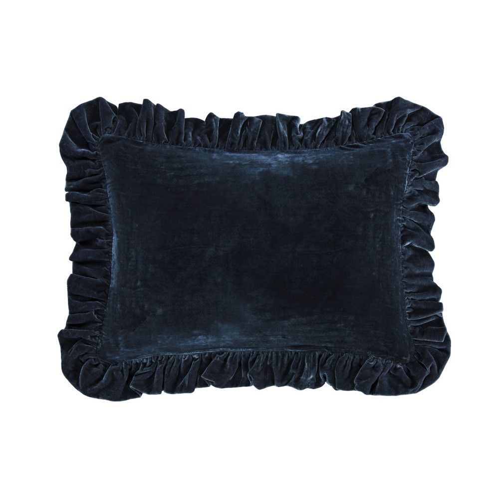 Picture of Stella Faux Silk Velvet Ruffled Oblong Pillow - Midnight Blue