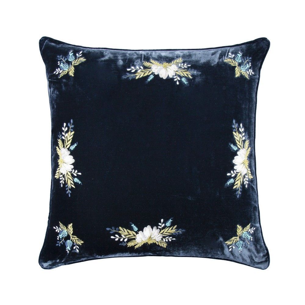 Picture of Stella Western Floral Embroidered Silk Velvet Pillow - Midnight Blue