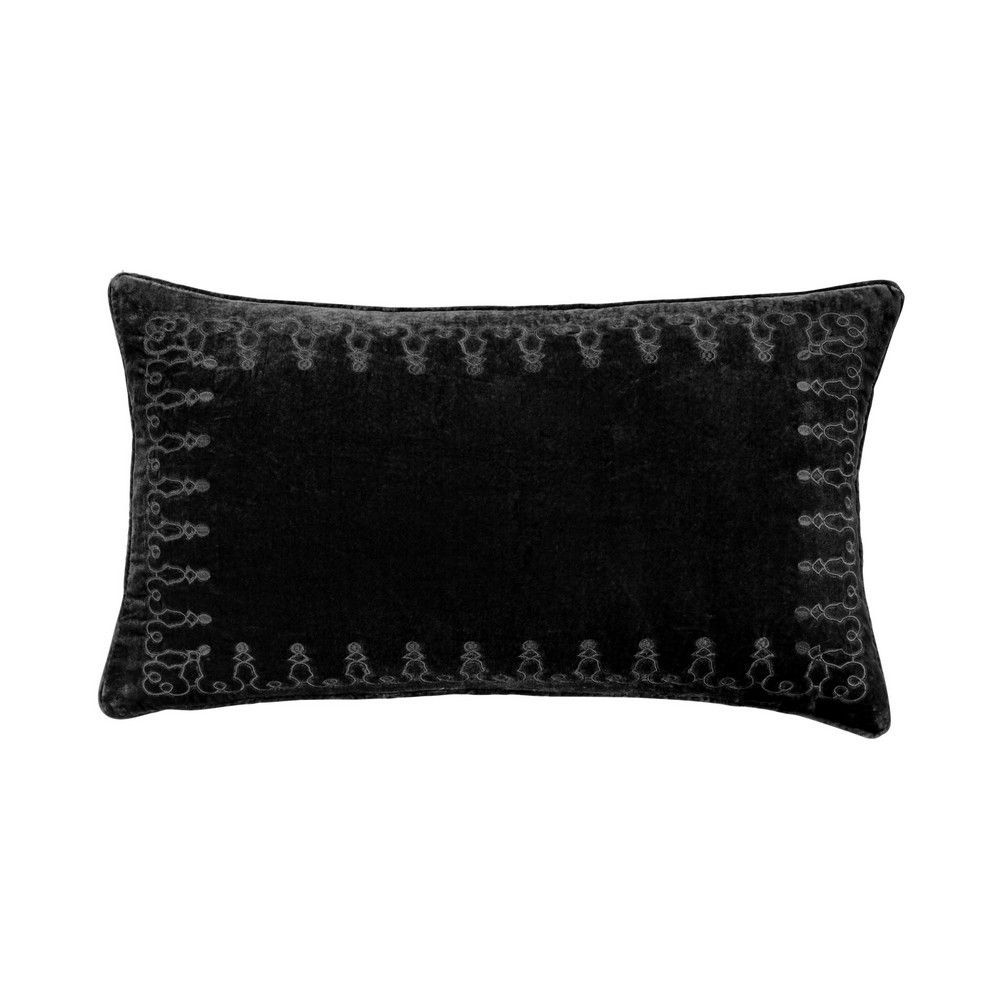 Picture of Stella Faux Silk Velvet Emproidered Lumbar Pillow - Black