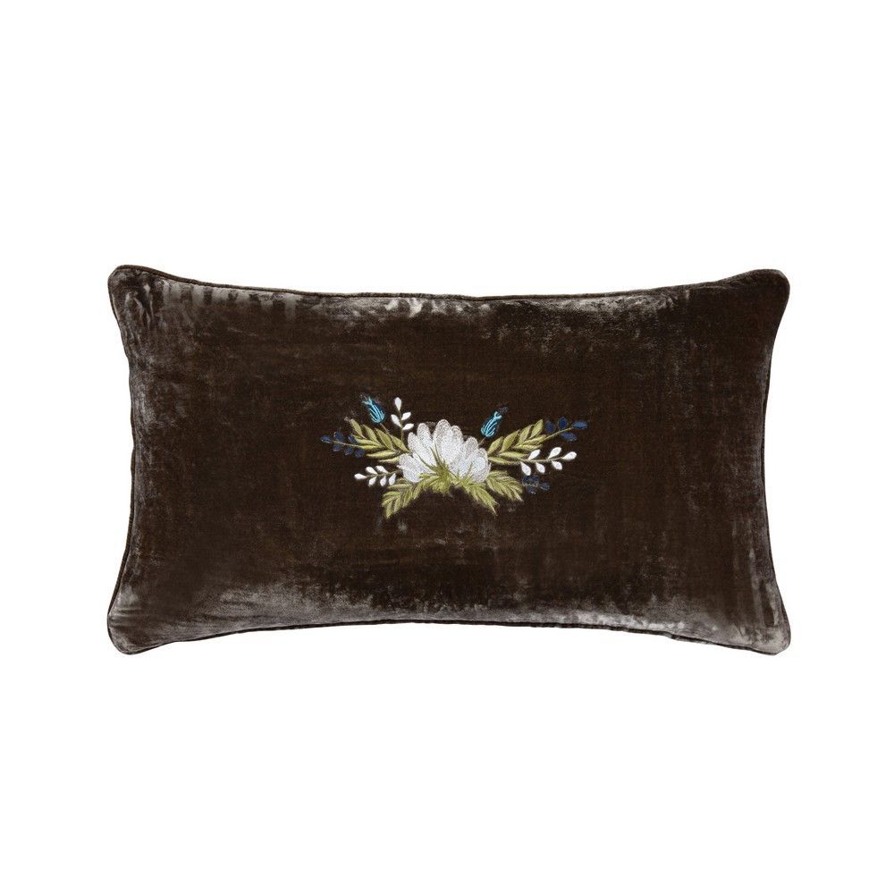 Picture of Stella Western Floral Embroidered Silk Velvet Lumbar Pillow - Green Ochre
