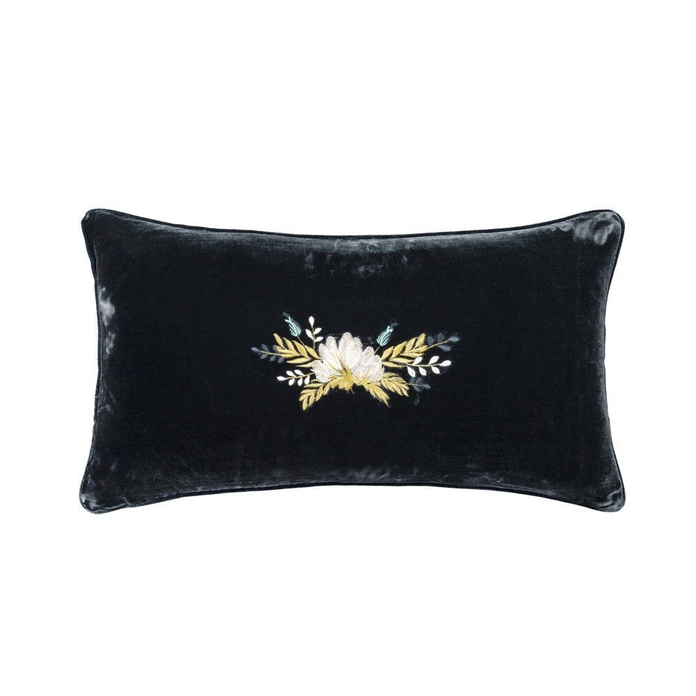 Picture of Stella Western Floral Embroidered Silk Velvet Lumbar Pillow - Midnight Blue