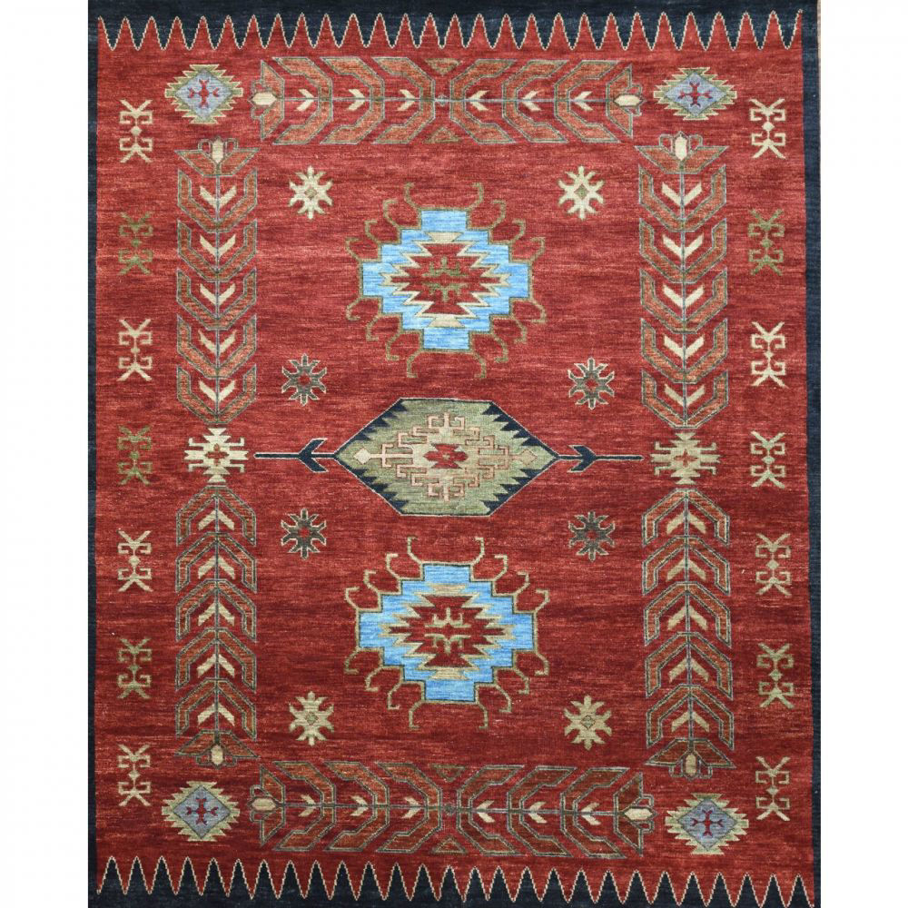 Picture of Ruddy Rust and Moss Green Hand-Knotted Tribal Wool Rug