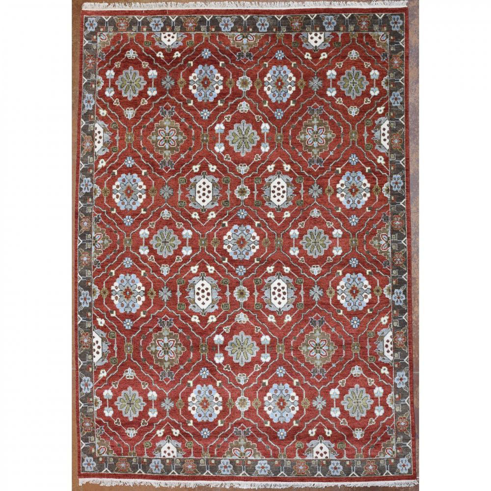 Picture of Brick Red, Pale Blue and Olive Brown Hand-Knotted Southwest Wool Rug