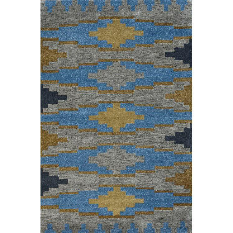 Picture of Cerulean Blue and Golden Brown Hand-Tufted Southwest Wool Rug - 8 x 11