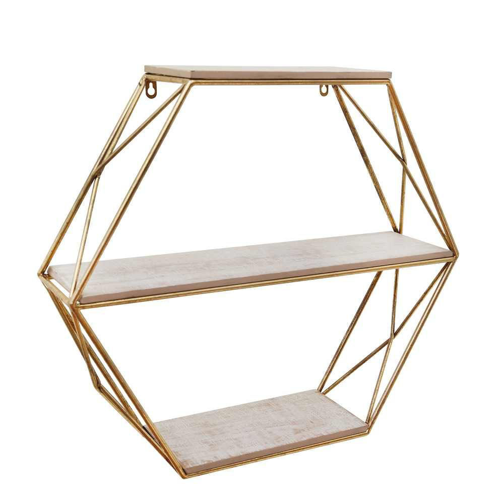 Picture of Metal and Wood 3-Tier Hexagon Wall Shelf - Gold