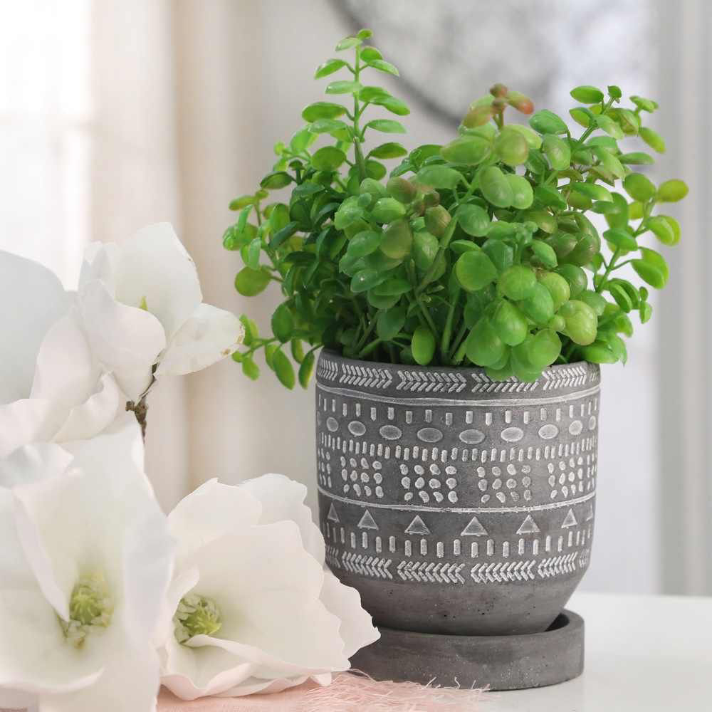 Picture of Tribal Pattern 5" Planter with Saucer - Gray