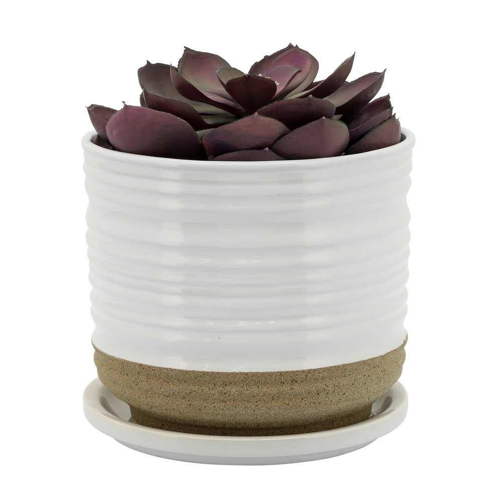 Picture of Ceramic 6" Textured Planter with Saucer - White