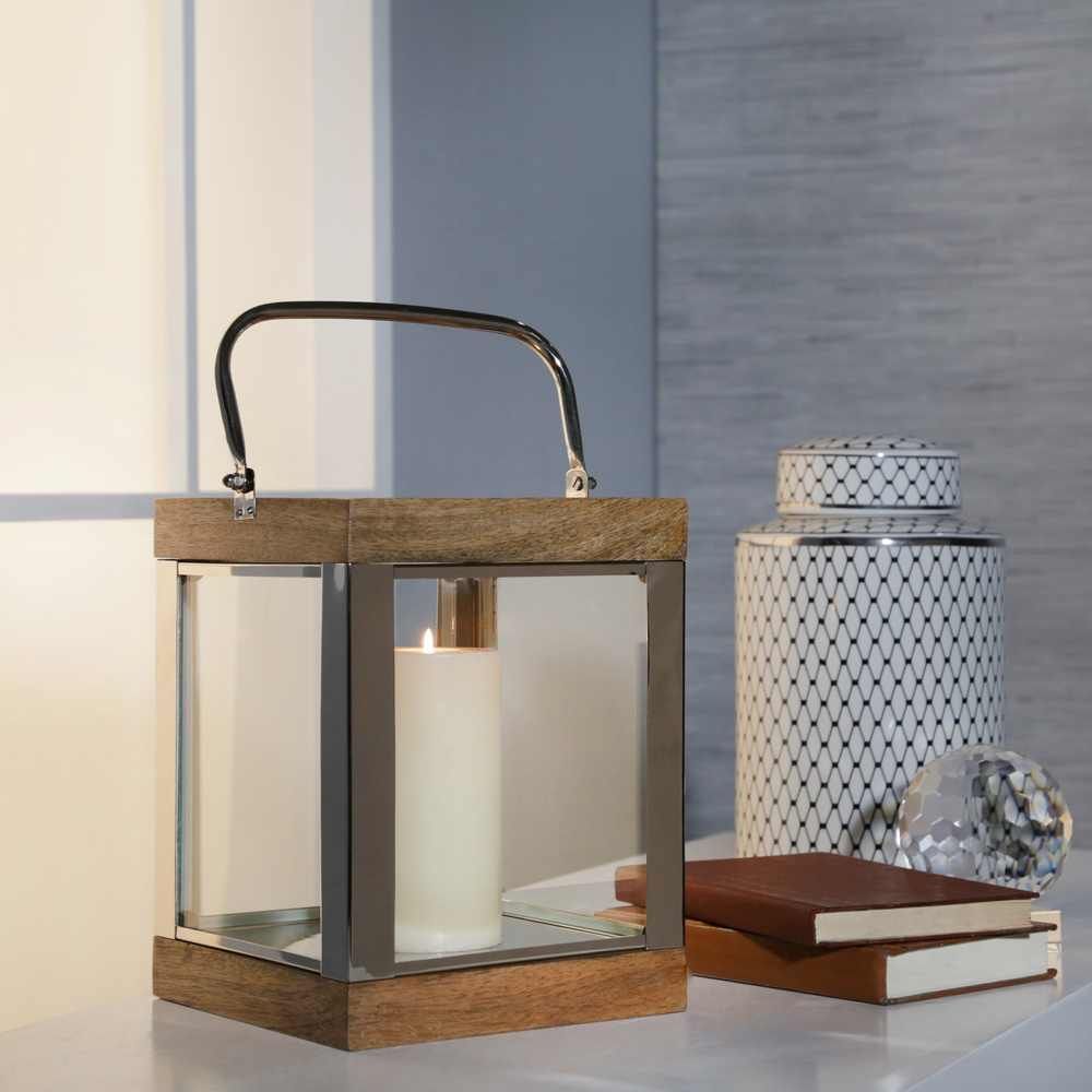 Picture of Metal and Wood 10" Lantern - Silver