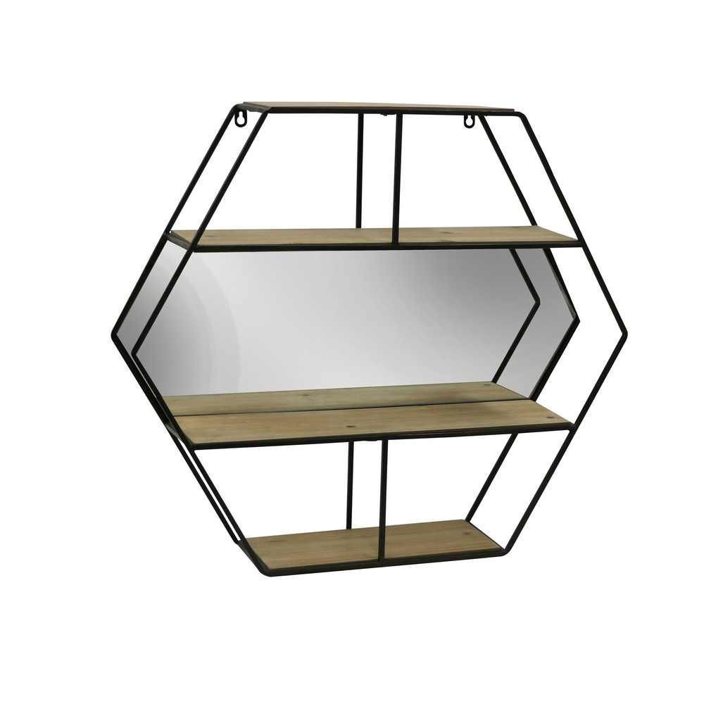 Picture of Hexagon 24" Metal Wall Shelf with Mirror - Brown