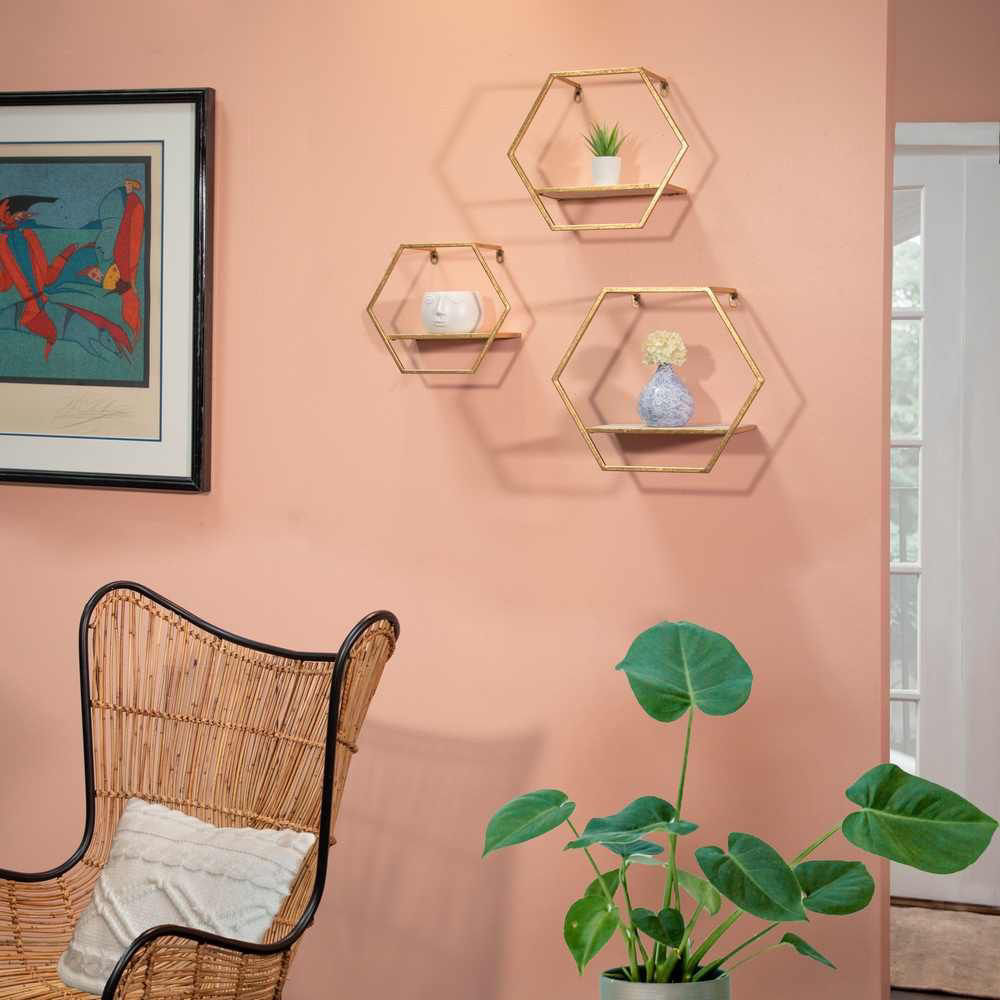Picture of Hexagon Wall Shelves - Set of 3 - Metal and Wood